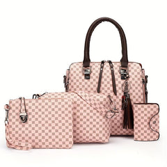4pcs Polka Dot Tote Bag Set w/ Tassel Decor Handbag Crossbody Bag Clutch Purse