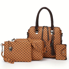 4pcs Polka Dot Tote Bag Set w/ Tassel Decor Handbag Crossbody Bag Clutch Purse