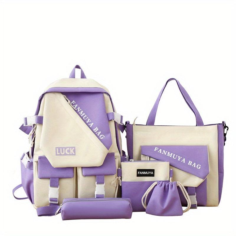 5 Pcs Colorblock Preppy Bag Set Backpack Shoulder Crossbody Pouch Drawstring