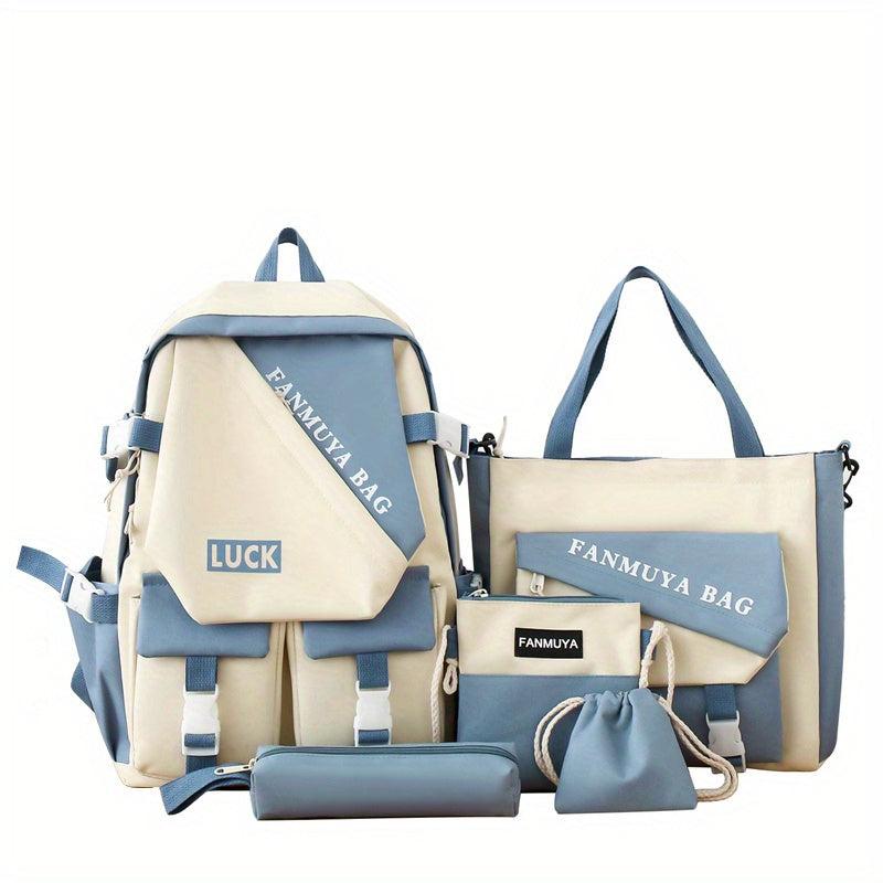 5 Pcs Colorblock Preppy Bag Set Backpack Shoulder Crossbody Pouch Drawstring