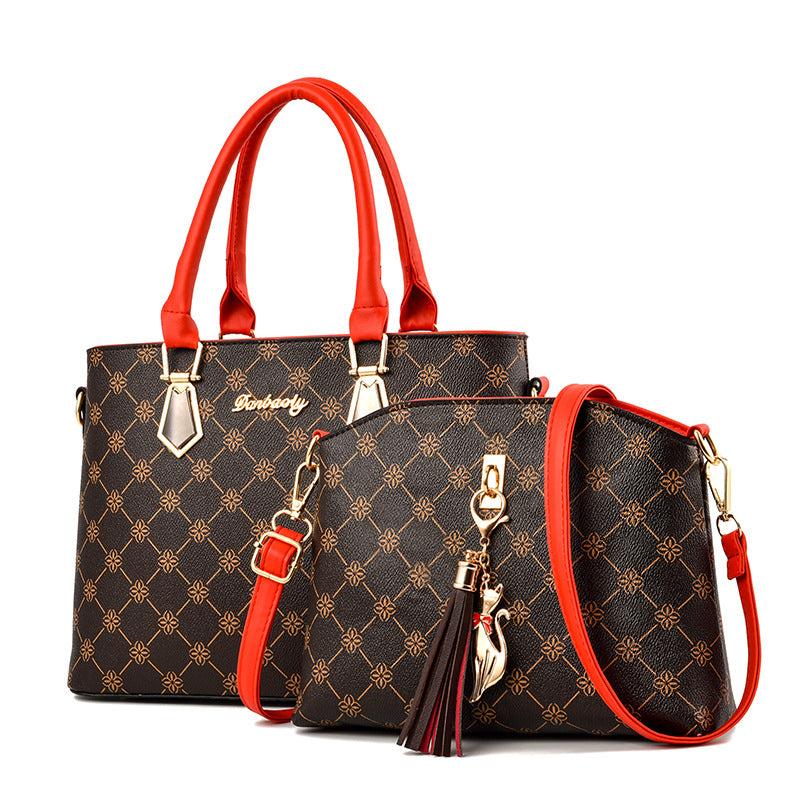 2Pcs Floral Print Handbag Set Women's PU Leather Tote Bag Tassel Decor