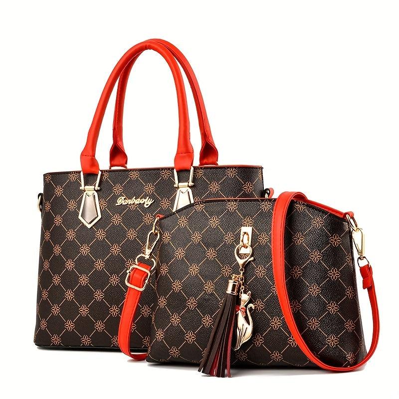 2Pcs Floral Print Handbag Set Women's PU Leather Tote Bag Tassel Decor