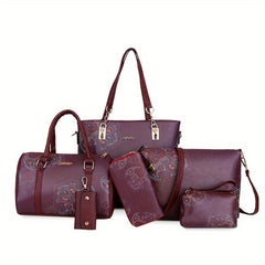 5Pcs Flower Pattern Handbag Set Vintage Tote Bag Boston Crossbody Clutch Wallet