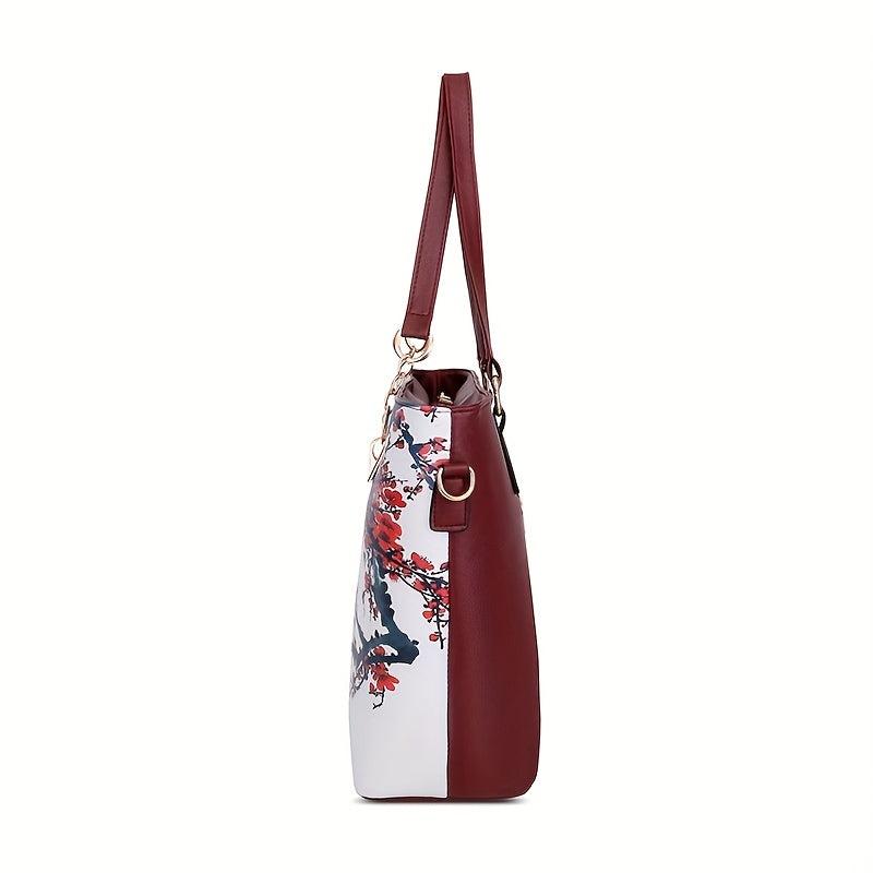 5Pcs Flower Pattern Handbag Set Vintage Tote Bag Boston Crossbody Clutch Wallet