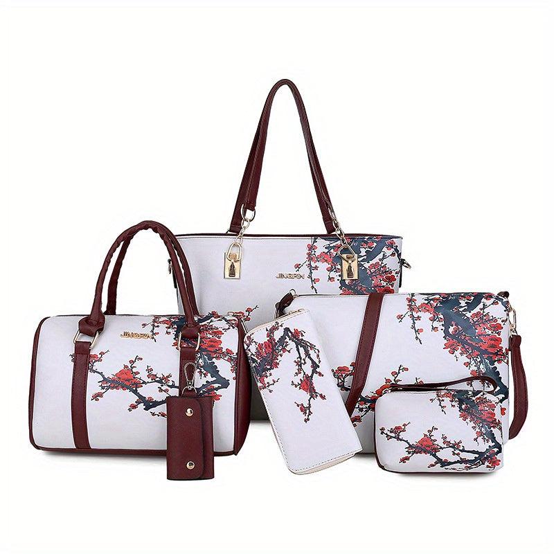5Pcs Flower Pattern Handbag Set Vintage Tote Bag Boston Crossbody Clutch Wallet