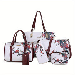 5Pcs Flower Pattern Handbag Set Vintage Tote Bag Boston Crossbody Clutch Wallet