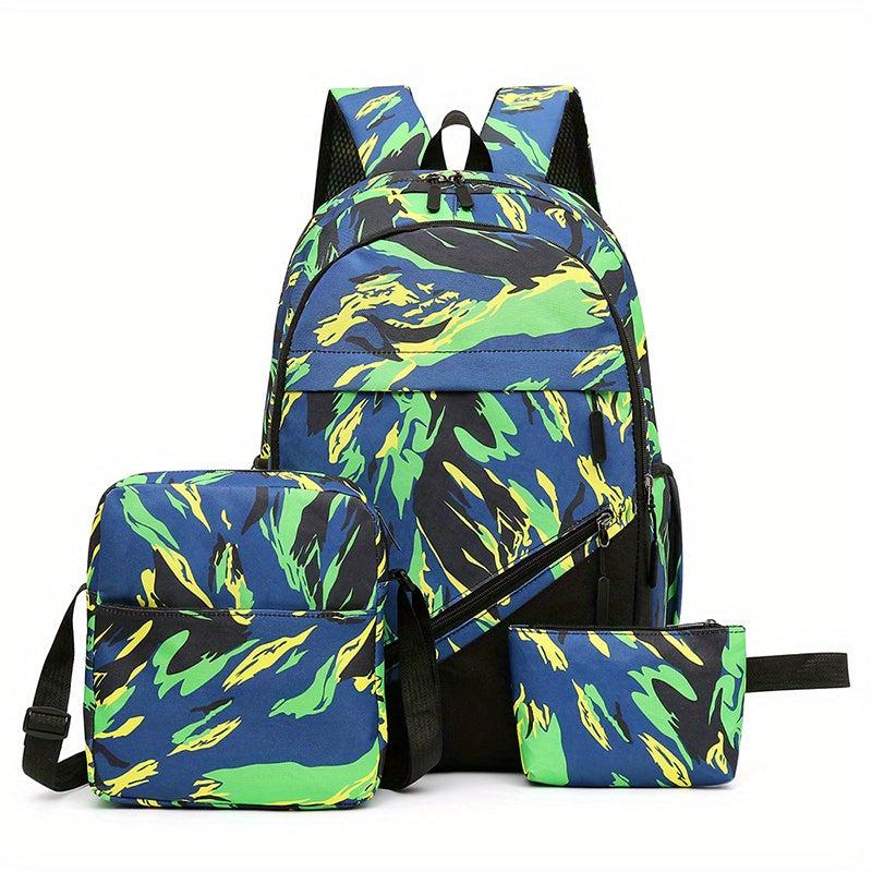 3Pcs Nylon Backpack Set Stripe Print School Bag With Crossbody Bag
