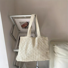 Hollow Out Knitted Shoulder Bag Slouchy Eyelet Embroidery Tote Bag