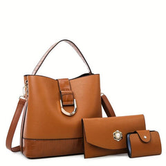 3pcs Textured PU Leather Tote Clutch Set