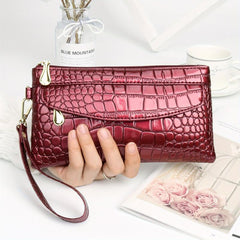 Crocodile Pattern Glossy Long Clutch Purse PU Leather Textured Wristlet Wallet