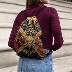 Skull Print Drawstring Backpack Halloween Elf Travel Gym Bag