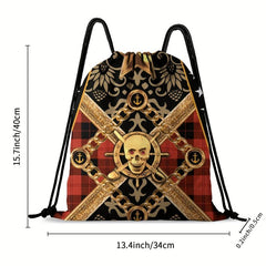 Skull Print Drawstring Backpack Halloween Elf Travel Gym Bag