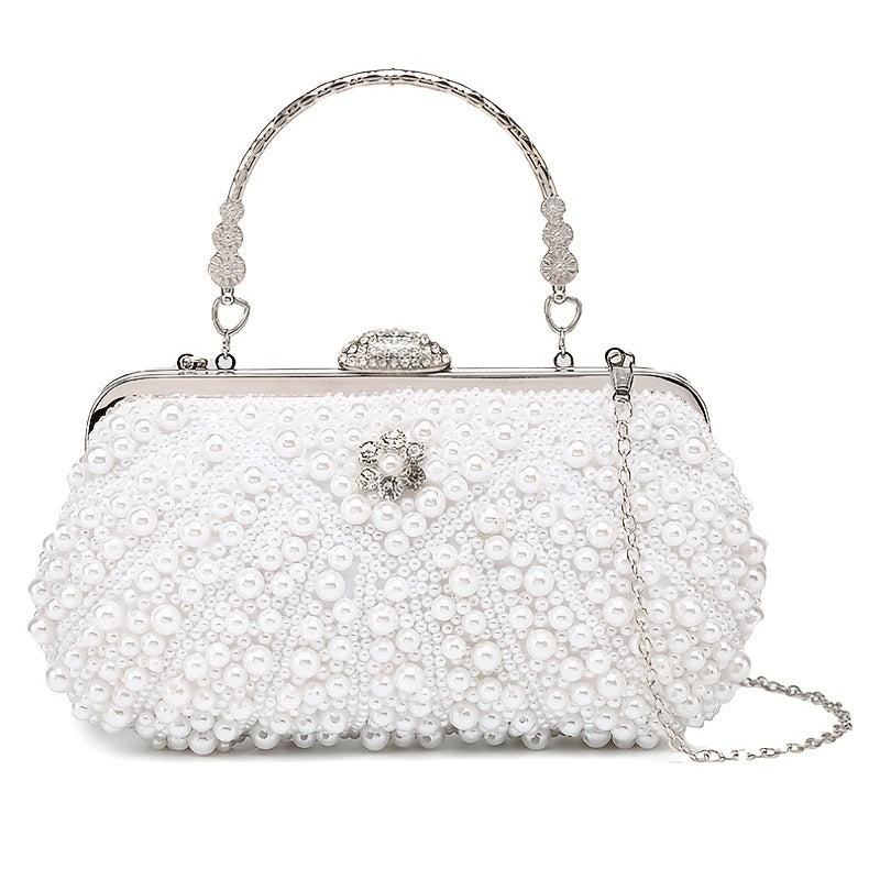 Faux Pearl Evening Clutch Bag Top Frame Handbag Chain Purse