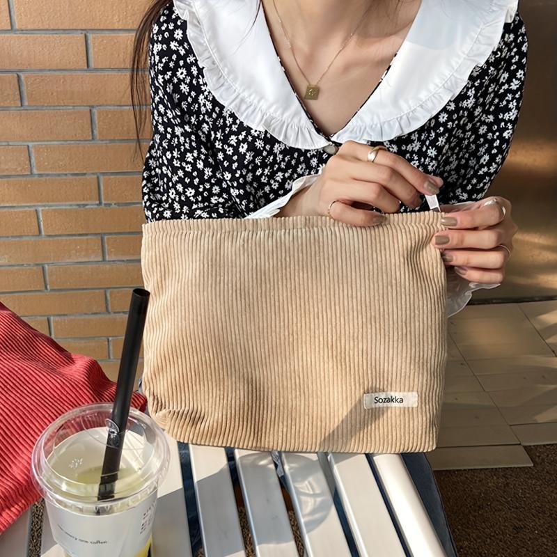 Lightweight Corduroy Makeup Bag Zipper Travel Pouch