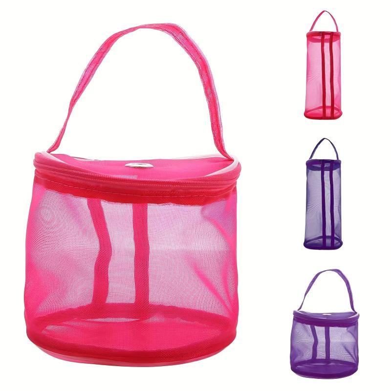 Minimalist Solid Mesh Storage Bag Zipper Handbag Beach Bag