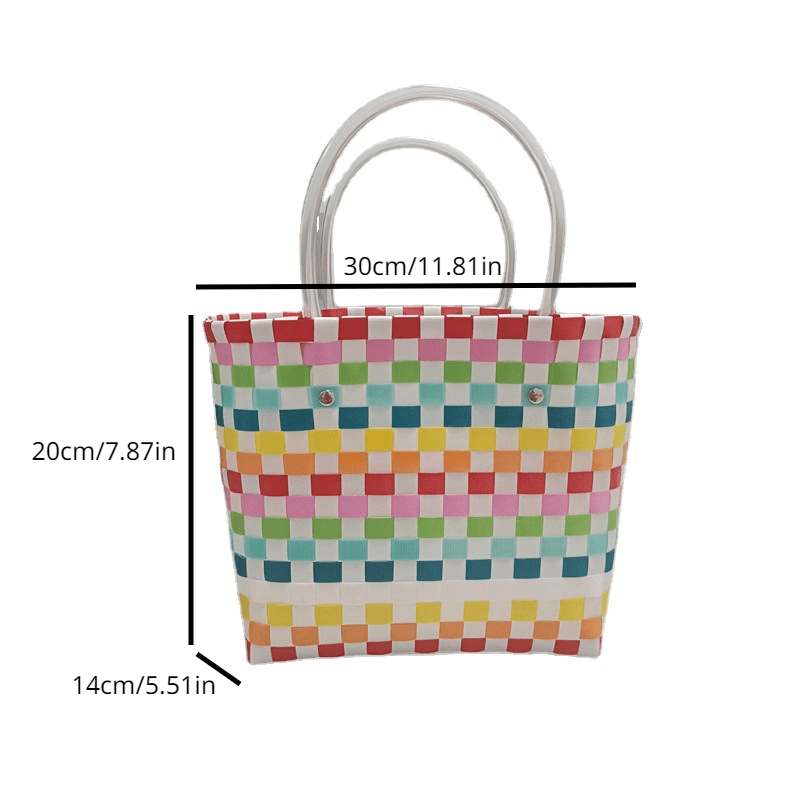 Colorblock Summer Beach Tote Bag Plastic Woven Handbag