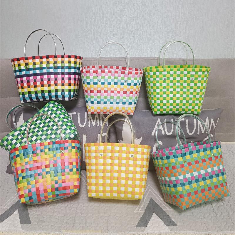 Colorblock Summer Beach Tote Bag Plastic Woven Handbag