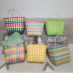 Colorblock Summer Beach Tote Bag Plastic Woven Handbag