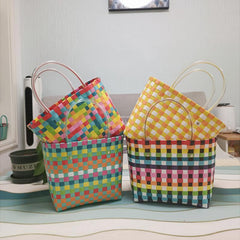 Colorblock Summer Beach Tote Bag Plastic Woven Handbag