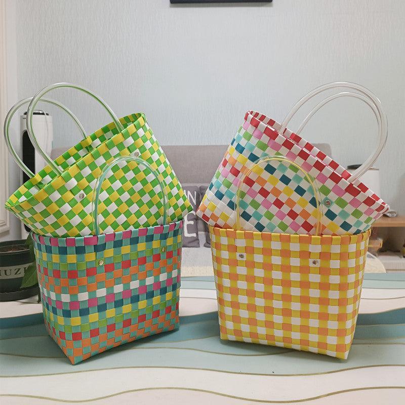 Colorblock Summer Beach Tote Bag Plastic Woven Handbag