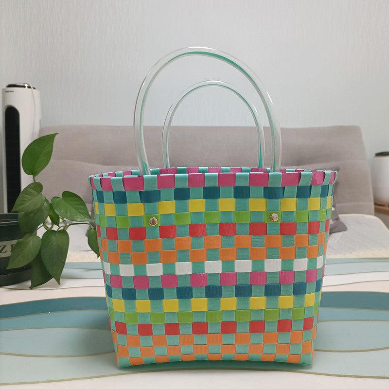 Colorblock Summer Beach Tote Bag Plastic Woven Handbag