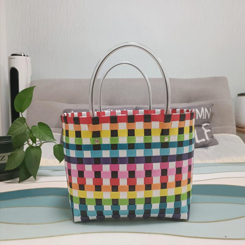 Colorblock Summer Beach Tote Bag Plastic Woven Handbag