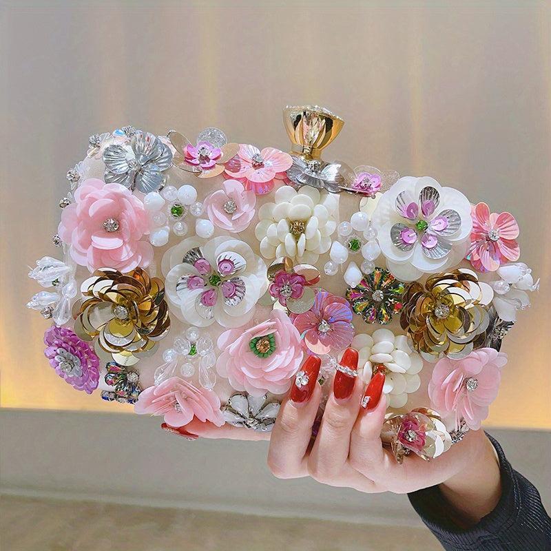 3D Beaded Flower Evening Bag Box Clutch Purse Wedding Handbags For Party