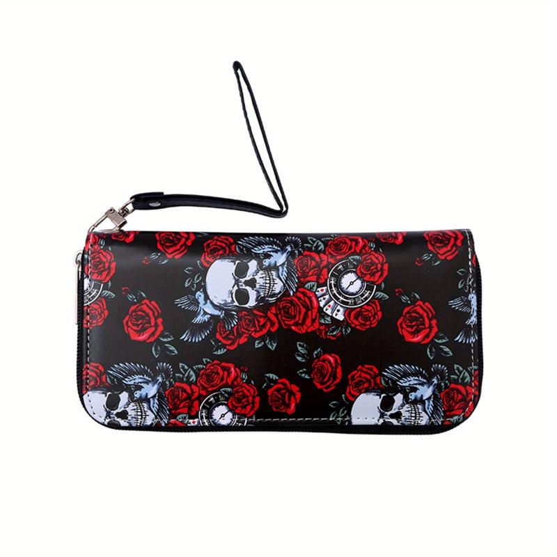 Men's Skull Rose Zipper Wallet Card Holder Large Capacity Clutch Bag