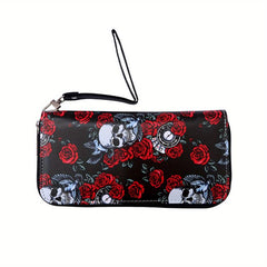 Men's Skull Rose Zipper Wallet Card Holder Large Capacity Clutch Bag