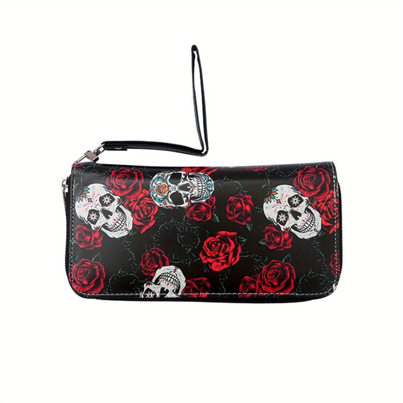 Men's Skull Rose Zipper Wallet Card Holder Large Capacity Clutch Bag