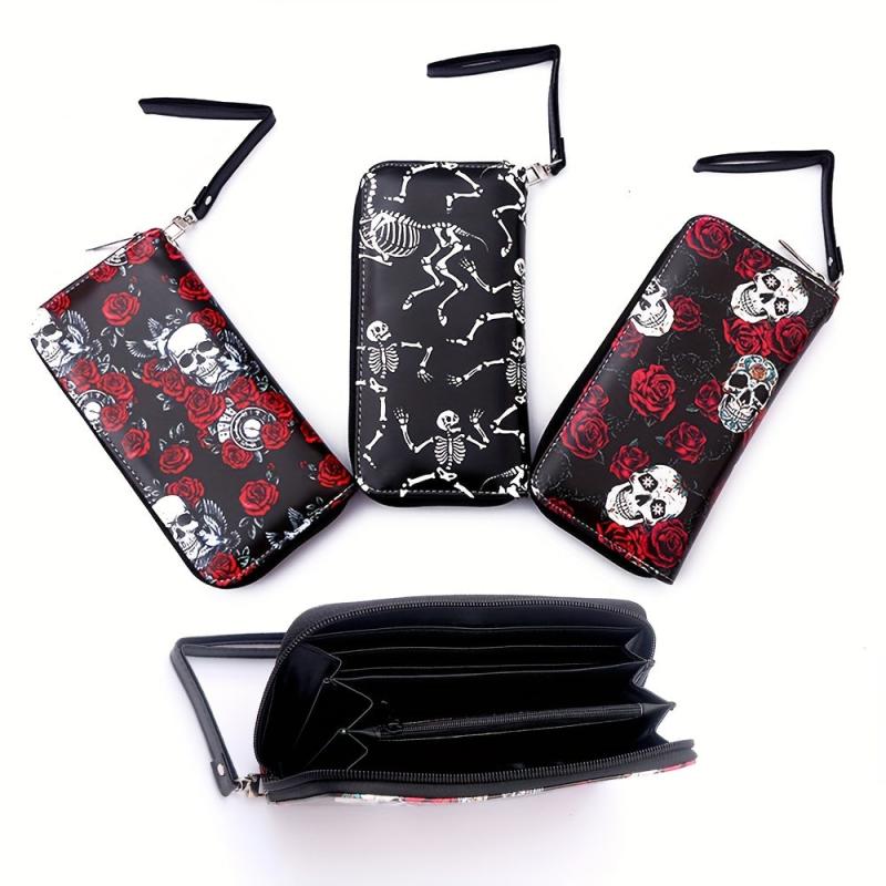 Men's Skull Rose Zipper Wallet Card Holder Large Capacity Clutch Bag