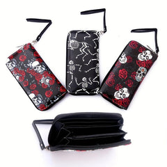 Men's Skull Rose Zipper Wallet Card Holder Large Capacity Clutch Bag