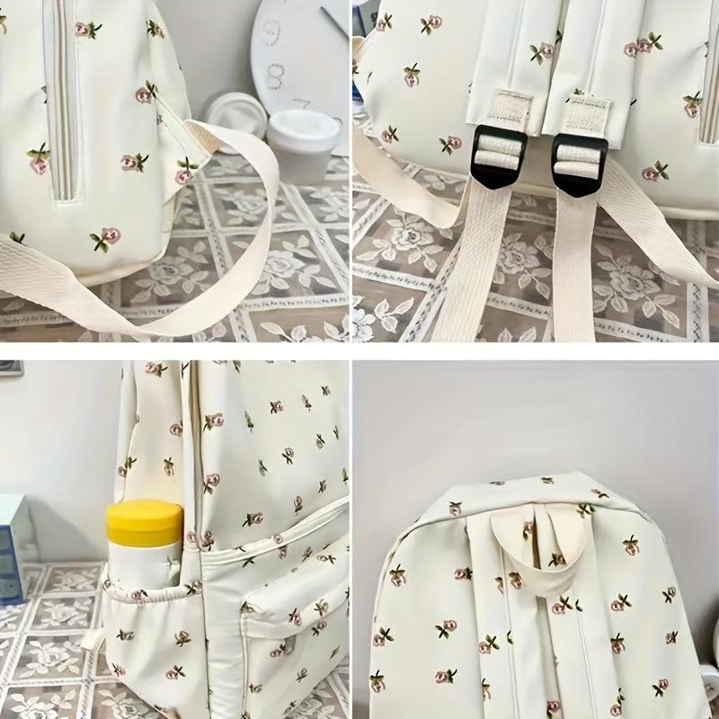 Beige Floral Pattern Backpack Schoolbag Preppy Sweet Girls Women