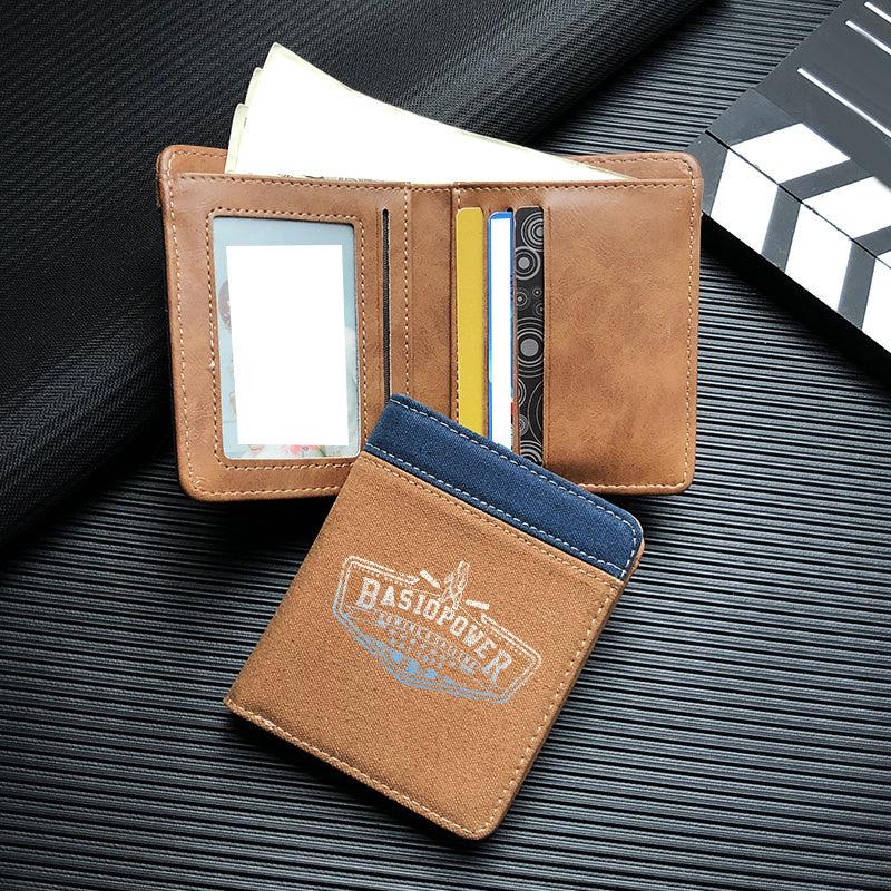 Men's Short Wallet Three Fold English Letter Canvas PU Leather