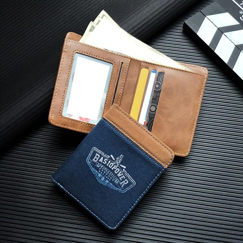 Men's Short Wallet Three Fold English Letter Canvas PU Leather