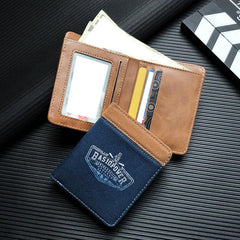 Men's Short Wallet Three Fold English Letter Canvas PU Leather