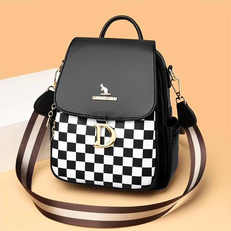 Plaid PU Leather Backpack Double Zipper Travel Backpack