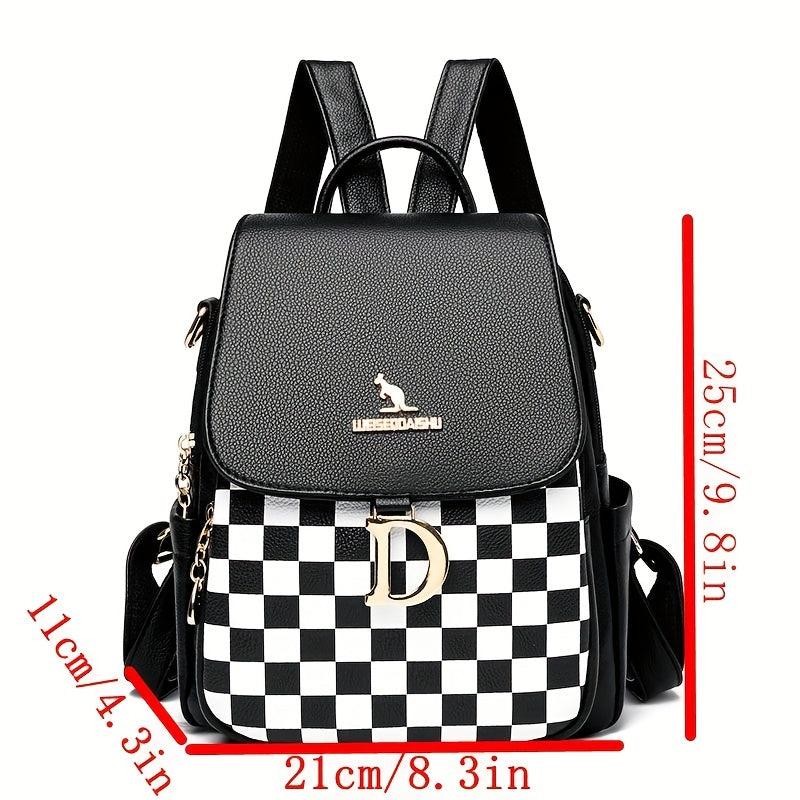 Plaid PU Leather Backpack Double Zipper Travel Backpack