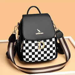 Plaid PU Leather Backpack Double Zipper Travel Backpack