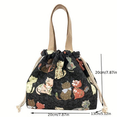 Flower Animal Canvas Bucket Bag Drawstring Lunch Box Bag