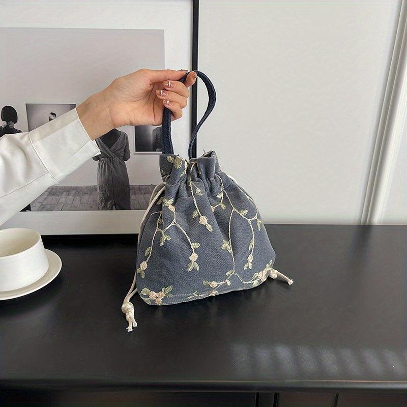 Flower Embroidery Canvas Handbag Drawstring Bucket Bag Purse