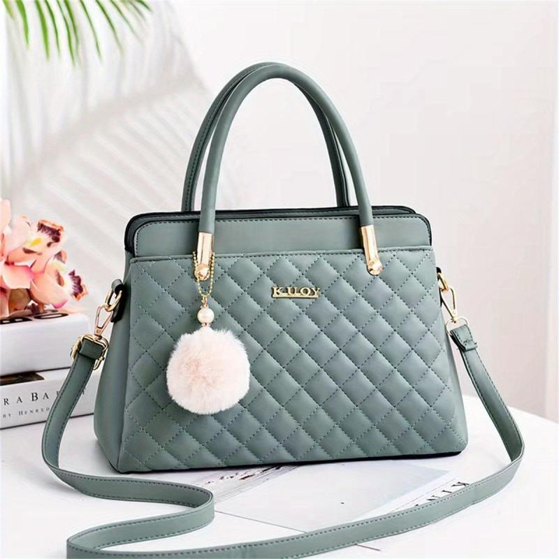 Argyle Pattern Tote Bag Quilted Shoulder Pom Pom Pendant Bag