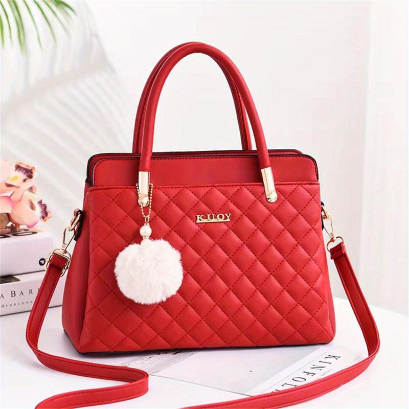 Argyle Pattern Tote Bag Quilted Shoulder Pom Pom Pendant Bag