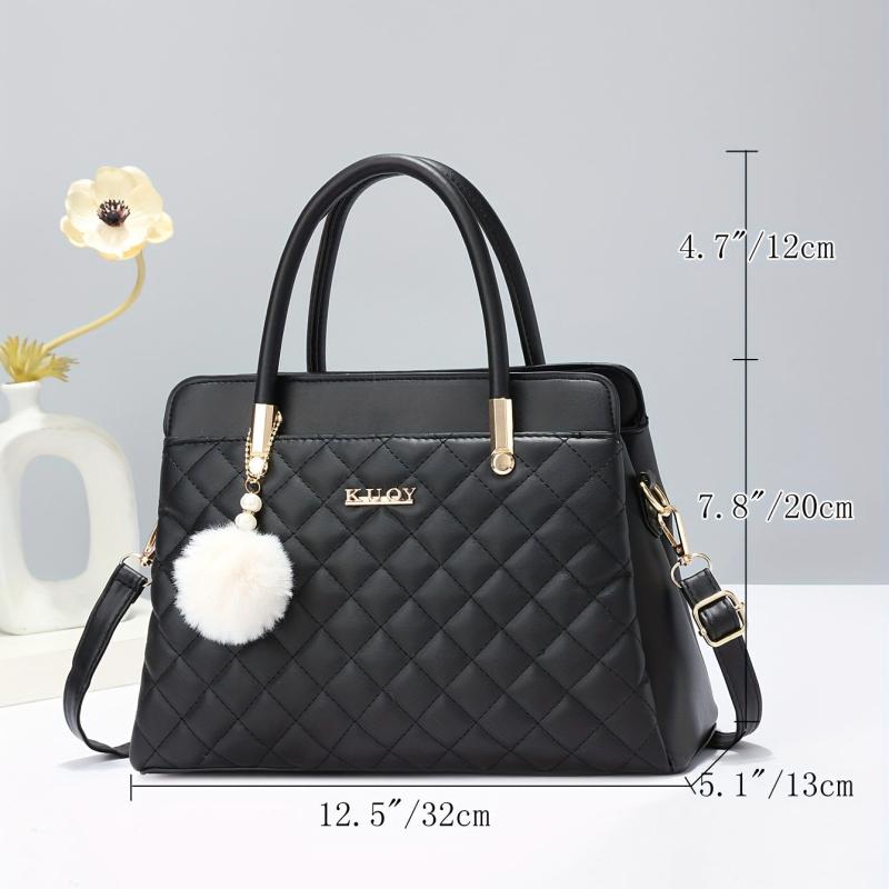 Argyle Pattern Tote Bag Quilted Shoulder Pom Pom Pendant Bag