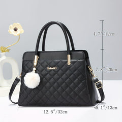 Argyle Pattern Tote Bag Quilted Shoulder Pom Pom Pendant Bag