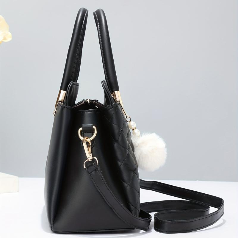 Argyle Pattern Tote Bag Quilted Shoulder Pom Pom Pendant Bag