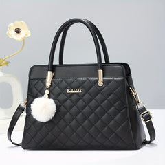 Argyle Pattern Tote Bag Quilted Shoulder Pom Pom Pendant Bag