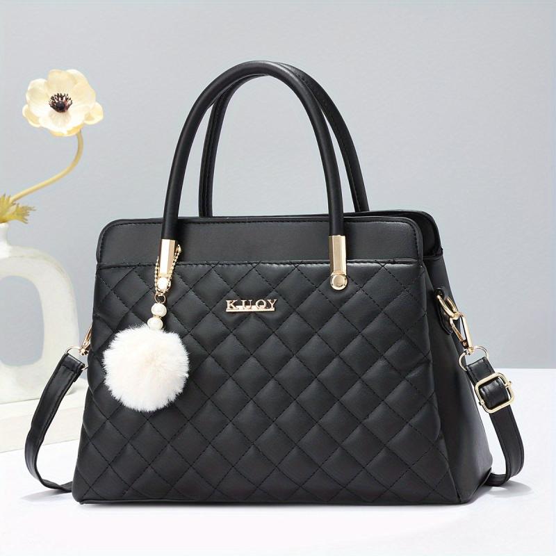Argyle Pattern Tote Bag Quilted Shoulder Pom Pom Pendant Bag