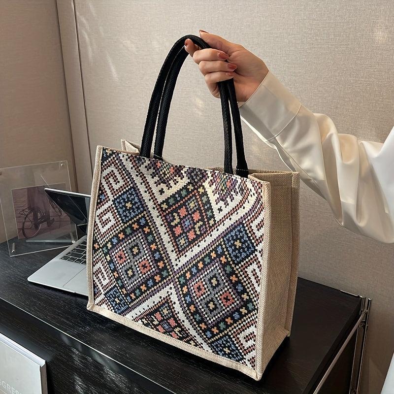 Ethnic Style Canvas Tote Bag Geometric Pattern Shoulder Bag
