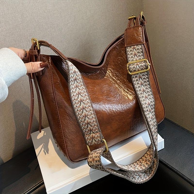 Wide Strap Crossbody Bag PU Leather Textured Bag Purse